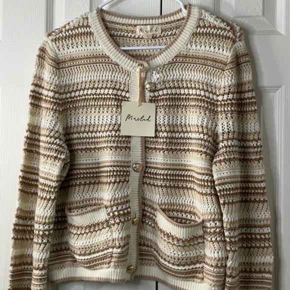 Marled Cream and Brown Striped Knit Cardigan with Front Pockets Size L - Picture 1 of 11